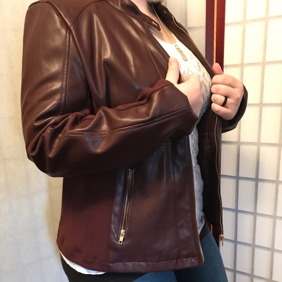 a.n.a Jackets & Blazers - NWT Burgundy faux leather jacket with side panel